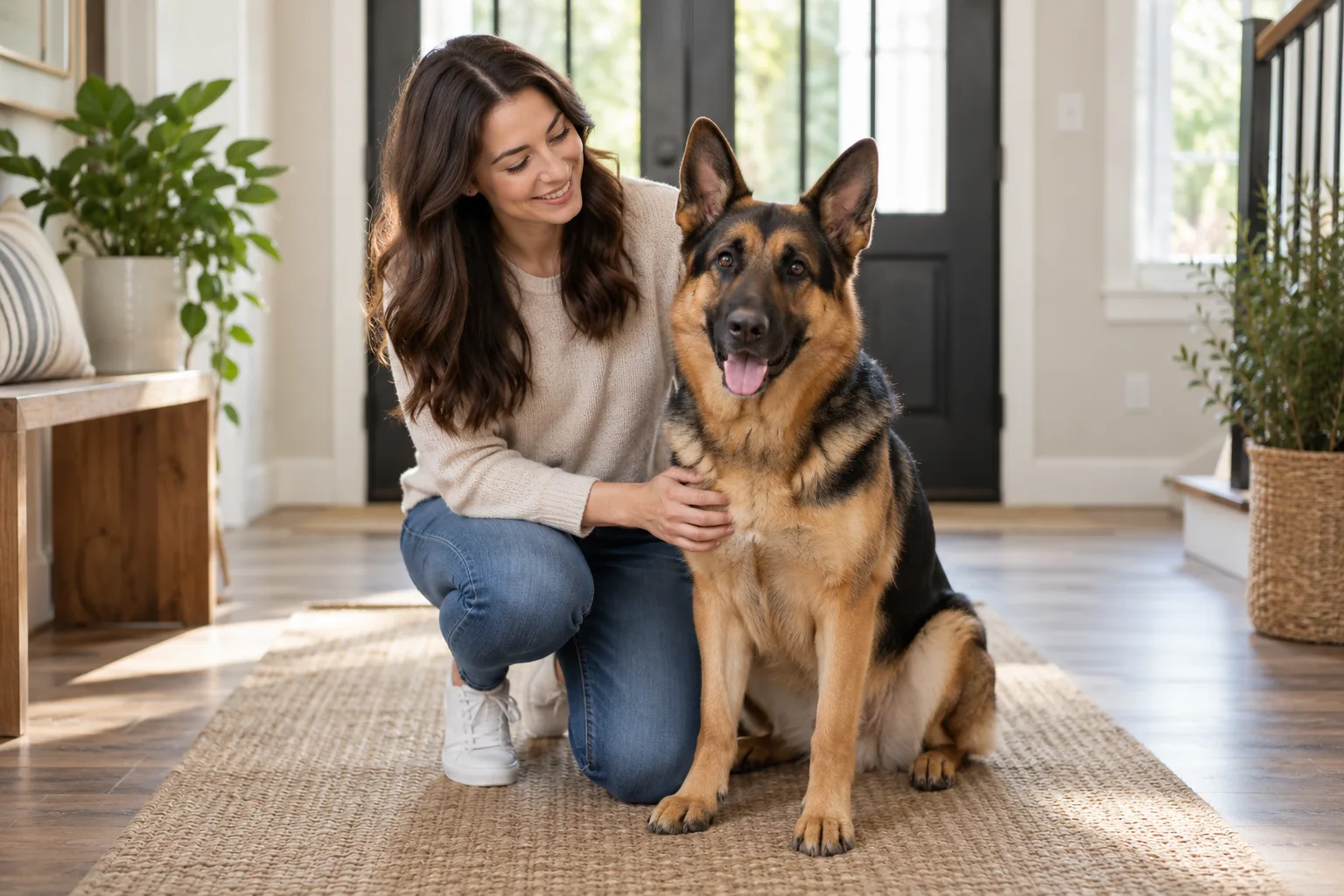 German shepherd sitting beside its owner at home