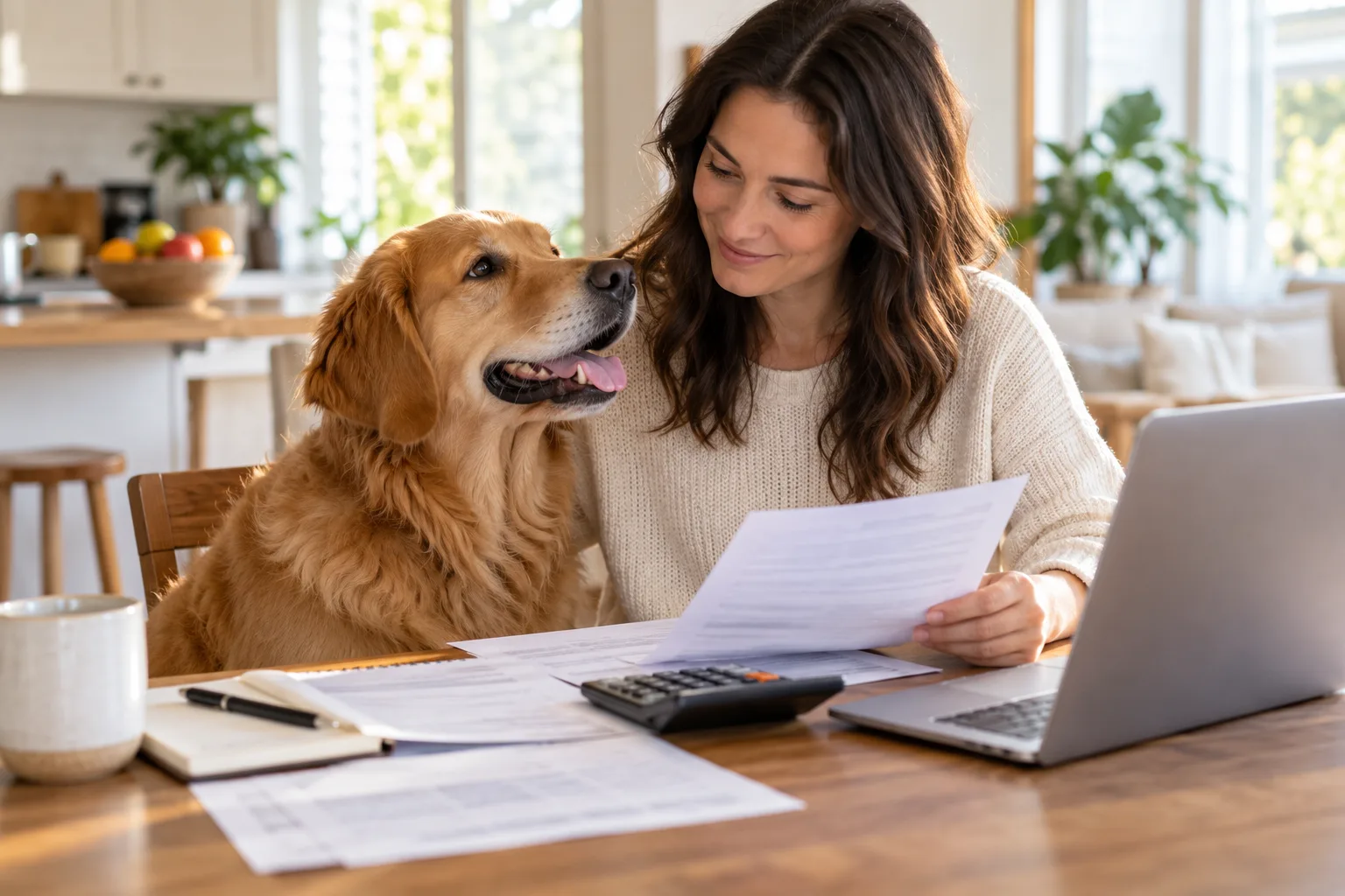Dog owner reviewing paperwork beside a golden retriever
